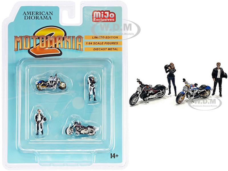 Motomania 2 4 piece Diecast Set 2 Figurines 2 Motorcycles 1/64 Scale Models American Diorama 76490