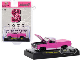 1973 Chevrolet Cheyenne 10 Pickup Truck Bed Cover S Pink White Top and Stripes Diecastz Collectors Riverside Show Exclusives Limited Edition 5750 pieces Worldwide 1/64 Diecast Model Car M2 Machines 31500-RZ02-S