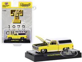 1973 Chevrolet Cheyenne 10 Pickup Truck Camper Shell T Bright Yellow White Top and Stripes Diecastz Collectors Riverside Show Exclusives Limited Edition 5750 pieces Worldwide 1/64 Diecast Model Car M2 Machines 31500-RZ02-T