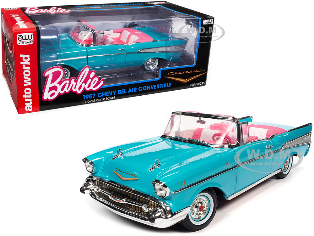 baard zwaarlijvigheid varkensvlees 1957 Chevrolet Bel Air Convertible Aqua Blue Pink Interior Barbie Silver  Screen Machines 1/18 Diecast Model Car Auto World AWSS135