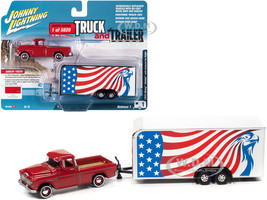 1955 Chevrolet Cameo Pickup Truck Cardinal Red Enclosed Car Trailer American Flag Graphics Limited Edition 5820 pieces Worldwide Truck and Trailer Series 1/64 Diecast Model Car Johnny Lightning JLBT014 JLSP200 A