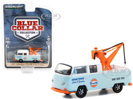 1969 Volkswagen Double Cab Pickup Tow Truck with Drop in Tow Hook Light Blue White Gulf Oil Sales & Service Blue Collar Collection Series 10 1/64 Diecast Model Car Greenlight 35220 B