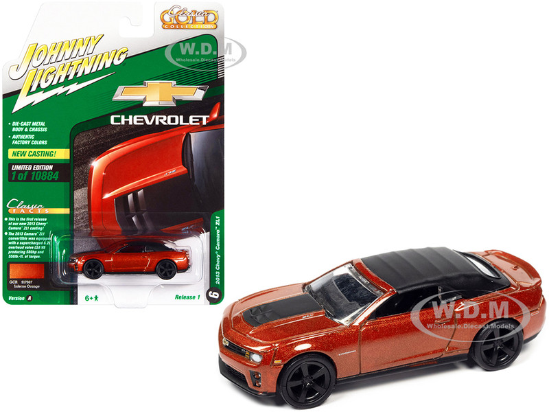 2013 Chevrolet Camaro ZL1 Convertible Top Up Inferno Orange Metallic Black Top Classic Gold Collection Series Limited Edition 10884 pieces Worldwide 1/64 Diecast Model Car Johnny Lightning JLCG028-JLSP227 A