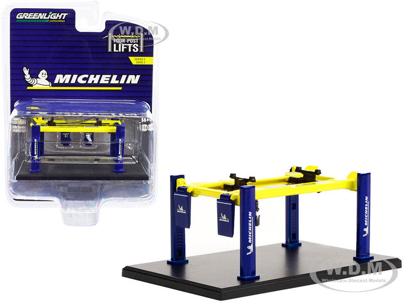 Adjustable Four-Post Lift Michelin Blue Bright Yellow Four-Post Lifts Series 3 1/64 Diecast Model Greenlight 16130 B