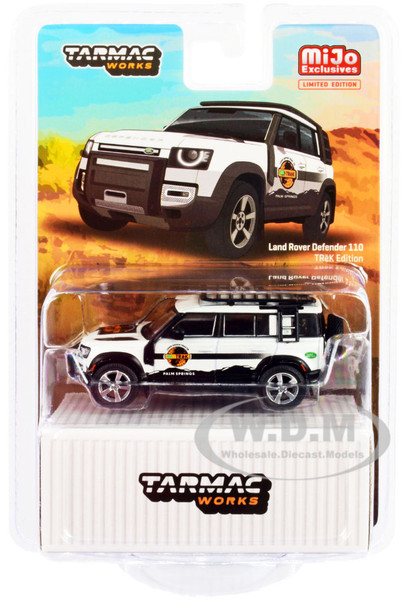 Land Rover Defender 110 Trek Edition Roof Rack White Metallic with Graphics Palm Springs 1/64 Diecast Model Car Tarmac Works T64G-020-TREK