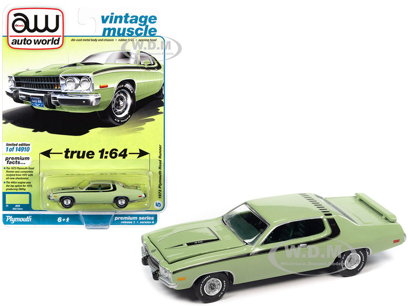 1973 Plymouth Road Runner 440 Mist Green Black Stripes Green Interior Vintage Muscle Limited Edition 14910 pieces Worldwide 1/64 Diecast Model Car Auto World 64352-AWSP096 A