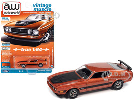 1973 Ford Mustang Mach 1 Medium Copper Metallic Matt Black Hood Treatment and Stripes Vintage Muscle Limited Edition 14910 pieces Worldwide 1/64 Diecast Model Car Auto World 64352-AWSP099 A