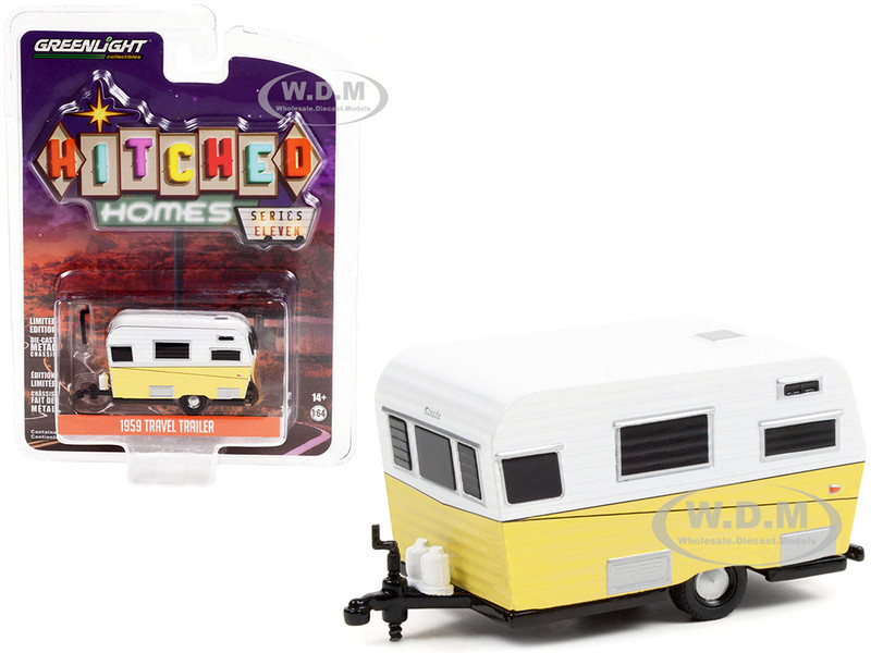 1959 Siesta Travel Trailer White Yellow Hitched Homes Series 11 1/64 Diecast Model Greenlight 34110 A