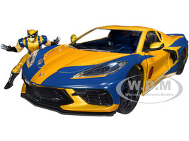 2020 Chevrolet Corvette C8 Stingray Gold Metallic Dark Blue Wolverine Diecast Figurine X-Men Marvel Series Hollywood Rides 1/24 Diecast Model Car Jada 33354