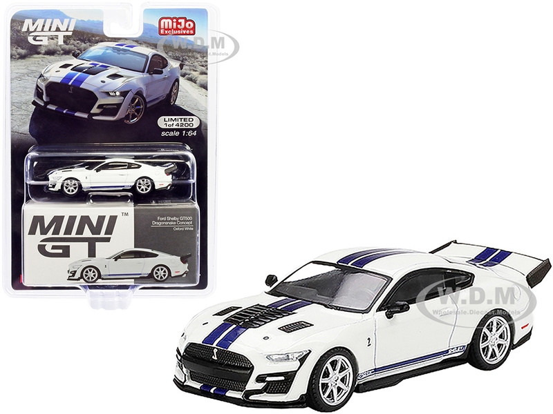 Ford Mustang Shelby GT500 Dragon Snake Concept Oxford White Blue Stripes and Graphics Limited Edition 4200 pieces Worldwide 1/64 Diecast Model Car True Scale Miniatures MGT00318