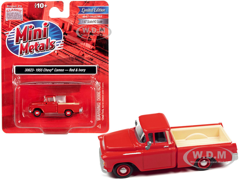 1955 Chevrolet Cameo Pickup Truck Red Ivory 1/87 HO Scale Model Car Classic Metal Works 30623