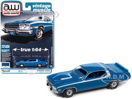 1973 Plymouth Road Runner 440 Basin Street Blue White Stripes and Blue Interior Vintage Muscle Limited Edition 14910 pieces Worldwide 1/64 Diecast Model Car Auto World 64352-AWSP096B