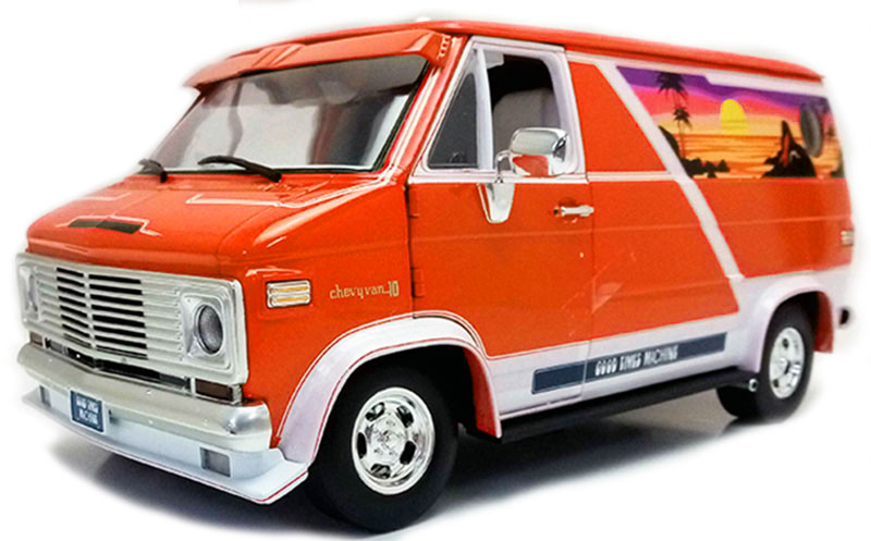 1976 Chevrolet G-Series Van with Sunroof Orange Metallic Graphics Good Times Machine Limited Edition 576 pieces Worldwide 1/18 Diecast Model Car ACME A1802100