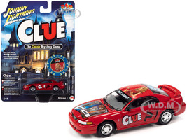 2000 Ford Mustang Miss Scarlet Red with Graphics with Poker Chip Collector Token Modern Clue Pop Culture 2022 Release 1 1/64 Diecast Model Car Johnny Lightning JLPC006-JLSP236