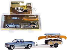 1988 GMC S-15 Sierra Pickup Truck Blue Metallic White with Stripes and Canoe Trailer and Canoe Rack Canoe and Kayak Hitch & Tow Series 25 1/64 Diecast Model Car Greenlight 32250C