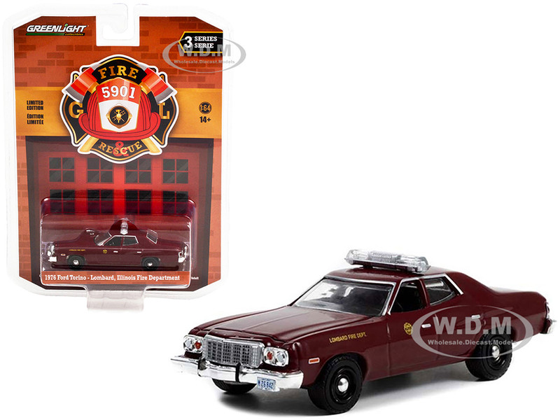 1976 Ford Torino Maroon Lombard Fire Department Illinois Fire & Rescue Series 3 1/64 Diecast Model Car Greenlight 67030A