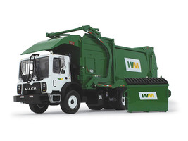 Mack TerraPro Waste Management Refuse Garbage Truck with Heil Half/Pack Freedom Front End Loader  CNG Tailgate White and Green with Trash Bin 1/34 Diecast Model First Gear 10-4006C