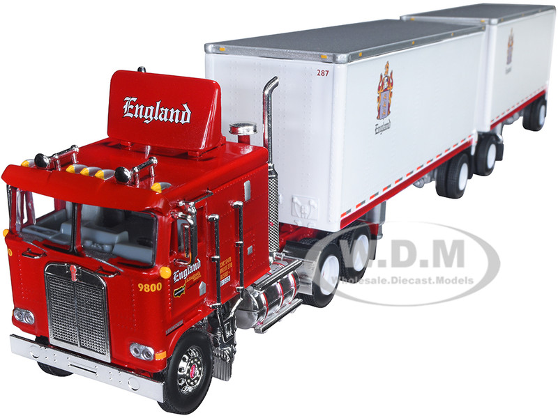 Kenworth K100 COE Flat Top Sleeper Cab with Wabash 28' Dual Pup Dry Goods Trailers Red and White CR England 1/64 Diecast Model DCP/First Gear 60-1223