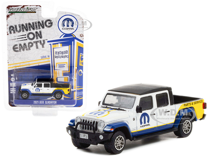 2021 Jeep Gladiator Pickup Truck White with Matt Black Top and Graphics MOPAR Parts & Service Running on Empty Series 14 1/64 Diecast Model Car Greenlight 41140F