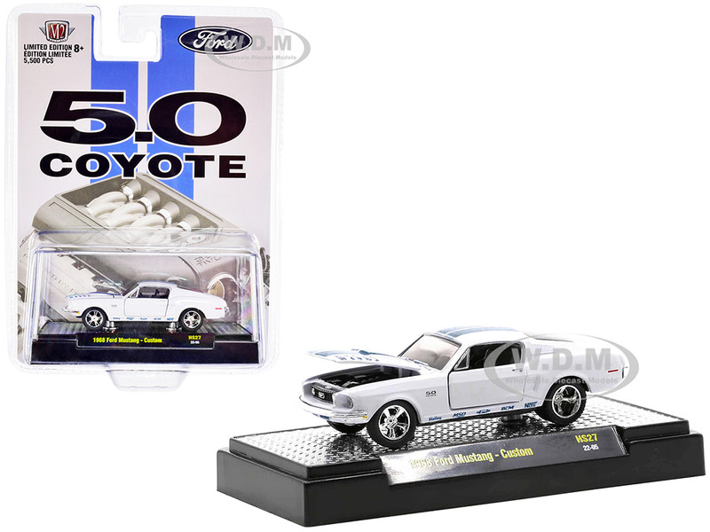 1968 Ford Mustang Custom Platinum Pearl White with Blue Stripes 5.0 Coyote Limited Edition 5500 pieces Worldwide 1/64 Diecast Model Car M2 Machines 31500-HS27