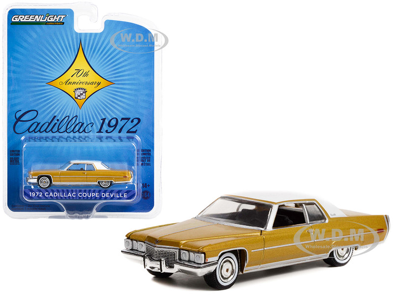 1972 Cadillac Coupe DeVille Gold Metallic White Top Cadillac 70th Anniversary Anniversary Collection Series 14 1/64 Diecast Model Car Greenlight 28100