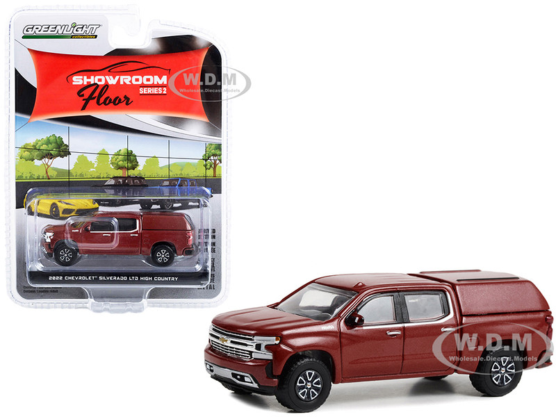 2022 Chevrolet Silverado LTD High Country Pickup Truck with Camper Shell Cherry Red Metallic Showroom Floor Series 2 1/64 Diecast Model Car  Greenlight 68020C