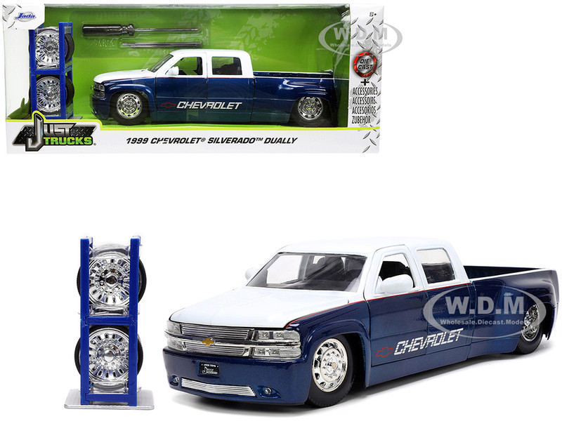 1999 Chevrolet Silverado Dually Pickup Truck Blue Metallic and White with Red Stripes with Extra Wheels Just Trucks Series 1/24 Diecast Model Car Jada 33026