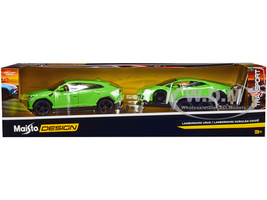 Lamborghini Urus Green with Lamborghini Huracan Coupe Green and Flatbed Trailer Set 3 pieces Elite Transport Series 1/24 Diecast Model Cars Maisto 32753grn