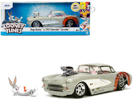 1957 Chevrolet Corvette Beige with Pink Interior with Bugs Bunny Figure Looney Tunes Hollywood Rides Series 1/24 Diecast Model Car Jada 32390