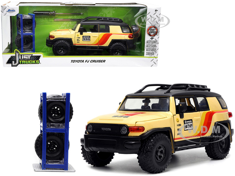 Toyota FJ Cruiser #938 Cream with Matt Black Top with Roof Rack and Stripes KC Hilites with Extra Wheels Just Trucks Series 1/24 Diecast Model Car Jada 33028