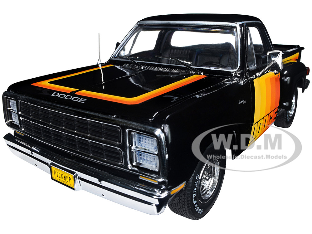 1980 Dodge D150 Pick-M-Up Utiline Pickup Truck Black with Stripes 1/18  Diecast Model Car Auto World AW291