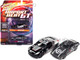 2006 Nissan 350Z #57 Black and Silver with Graphics and 1981 Mazda RX-7 #13 Dark Silver with Stripes Import Heat GT Set 2 Cars 1/64 Diecast Model Cars Johnny Lightning JLPK017-JLSP241B