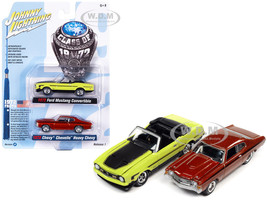 1972 Ford Mustang Convertible Bright Lime Green with Black Hood and Stripes and 1972 Chevrolet Chevelle SS Heavy Chevy Orange Flame Metallic with Black Stripes Class of 1972 Set 2 Cars 1/64 Diecast Model Cars Johnny Lightning JLPK017-JLSP242A