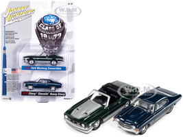 1972 Ford Mustang Convertible Dark Green Metallic with Silver Hood and Stripes and 1972 Chevrolet Chevelle SS Heavy Chevy Fathom Blue Metallic with White Stripes Class of 1972 Set 2 Cars 1/64 Diecast Model Cars Johnny Lightning JLPK017-JLSP242B
