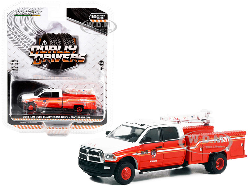 2018 Ram 3500 Dually Crane Truck Red and White with Stripes FDNY Fire Department of the City of New York Plant Ops Dually Drivers Series 10 1/64 Diecast Model Car Greenlight 46100D