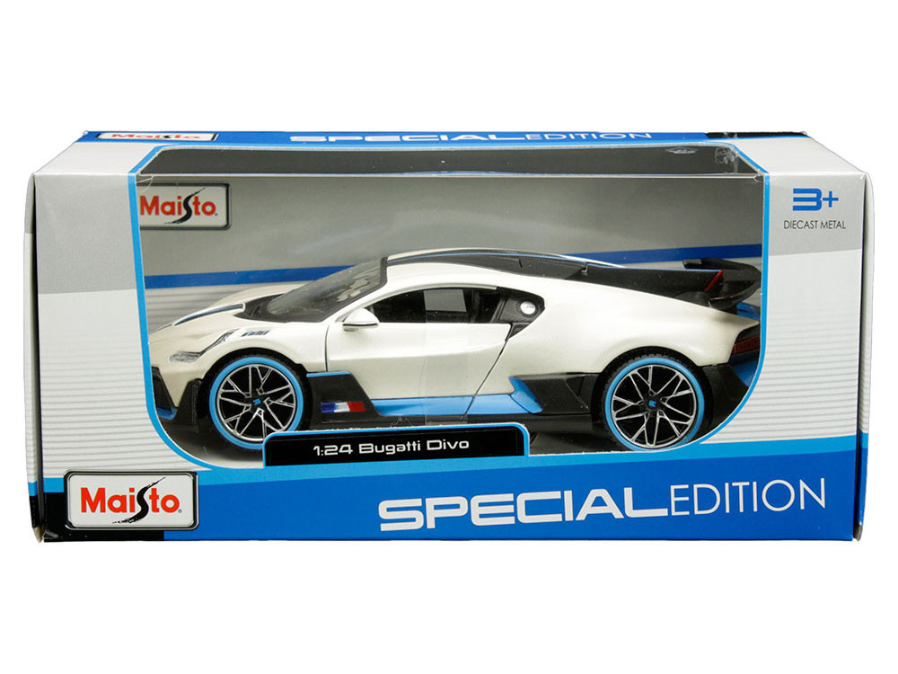 Bugatti Divo Satin White Metallic with Carbon and Blue Accents "Special  Edition" 1/24 Diecast Model Car by Maisto