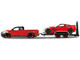 2017 Chevrolet Colorado ZR2 Pickup Truck Red and 2015 Chevrolet Corvette Z06 Red with Flatbed Trailer Set 3 pieces Elite Transport Series 1/24 Diecast Model Cars Maisto 32756rd