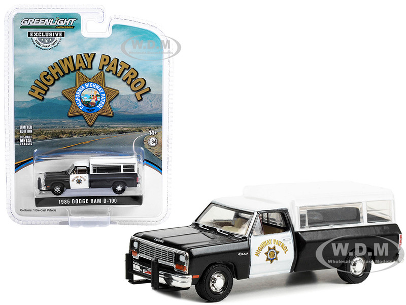 1985 Dodge Ram D 100 Pickup Truck Black and White California Highway Patrol with Camper Shell Hobby Exclusive Series 1/64 Diecast Model Car Greenlight 30414