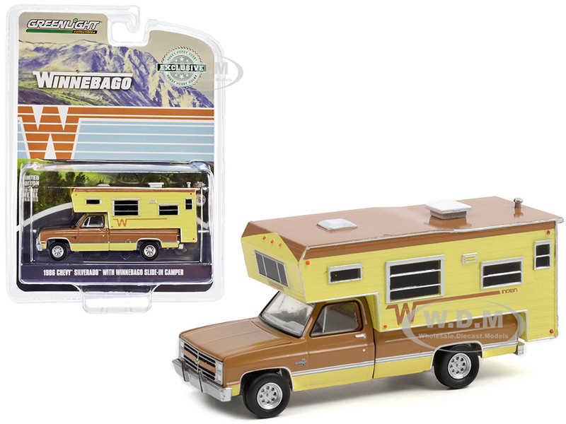 1986 Chevrolet Silverado Camper Special with Winnebago Slide-In Camper Copper Canyon and Doeskin Tan Hobby Exclusive 1/64 Diecast Model Car Greenlight 30288