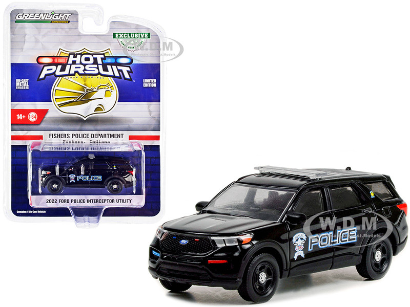 2022 Ford Police Interceptor Utility Black Fishers Police Department Indiana Hobby Exclusive 1/64 Diecast Model Car Greenlight 30350