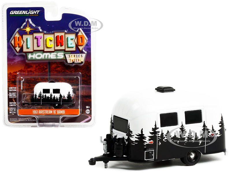 1961 Airstream 16' Bambi Travel Trailer White with Black Forest Mural Graphics Hitched Homes Series 12 1/64 Diecast Model Greenlight 34120E