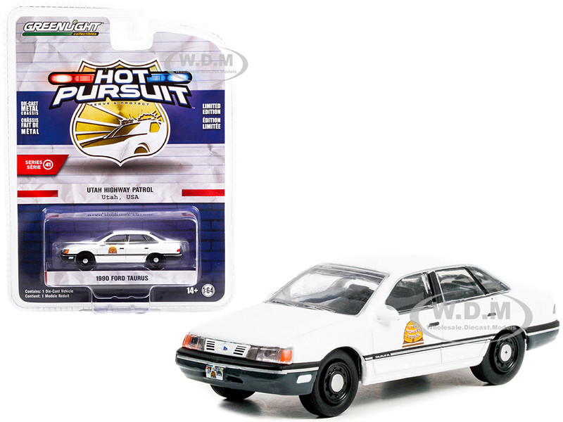 1990 Ford Taurus Police White Utah Highway Patrol Hot Pursuit Series 41 1/64 Diecast Model Car Greenlight 42990A