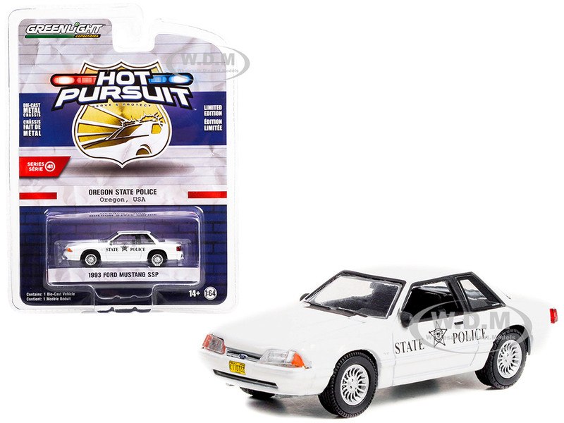 1993 Ford Mustang SSP Police White Oregon State Police Hot Pursuit Series 41 1/64 Diecast Model Car Greenlight 42990B