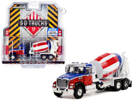 2019 Mack Granite Cement Mixer Red and Blue with White Stripes with Red and White Striped Mixer S.D. Trucks Series 15 1/64 Diecast Model Greenlight 45150C