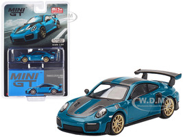 Porsche 911 GT2 RS Weissach Package Miami Blue with Carbon Stripes Limited Edition 3600 pieces Worldwide 1/64 Diecast Model Car True Scale Miniatures MGT00344