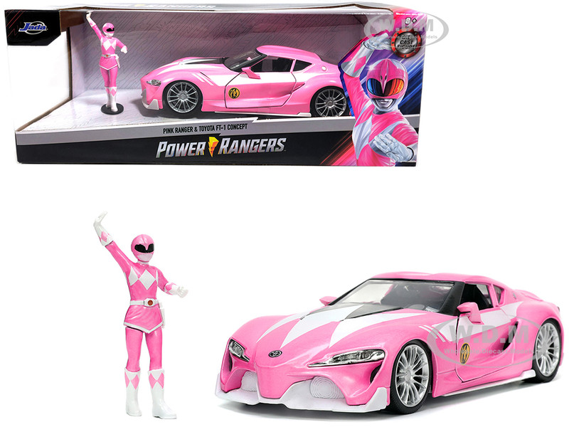 Toyota FT-1 Concept Pink Metallic and Pink Ranger Diecast Figurine Power Rangers Hollywood Rides Series 1/24 Diecast Model Car Jada 33224