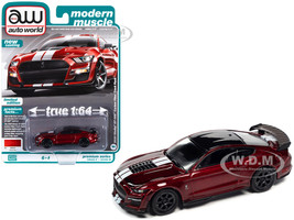 2020 Shelby GT500 Carbon Fiber Track Pack Rapid Red Metallic White Stripes Black Top Modern Muscle Limited Edition 1/64 Diecast Model Car Auto World 64362-AWSP100B