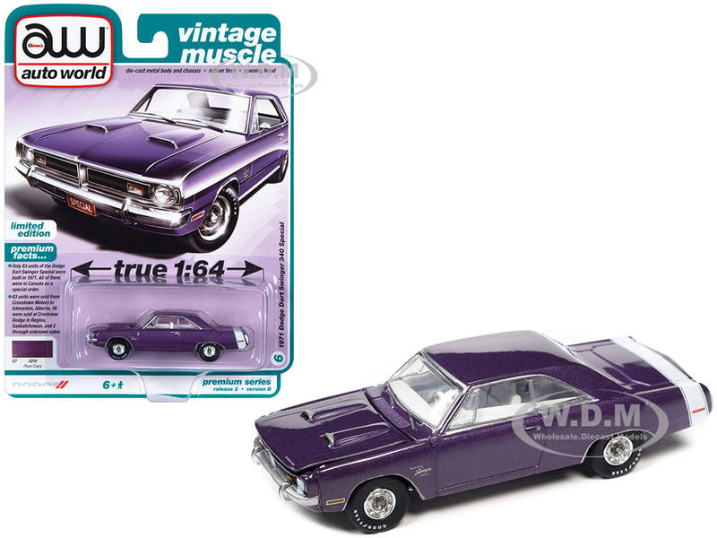 1971 Dodge Dart Swinger 340 Special Plum Crazy Purple Metallic White Tail Stripe Vintage Muscle Limited Edition 1/64 Diecast Model Car Auto World 64362-AWSP105B