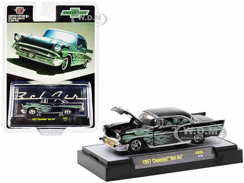 1957 Chevrolet Bel Air Black Metallic Green Flames Limited Edition 8250 pieces Worldwide 1/64 Diecast Model Car M2 Machines 31500-HS28