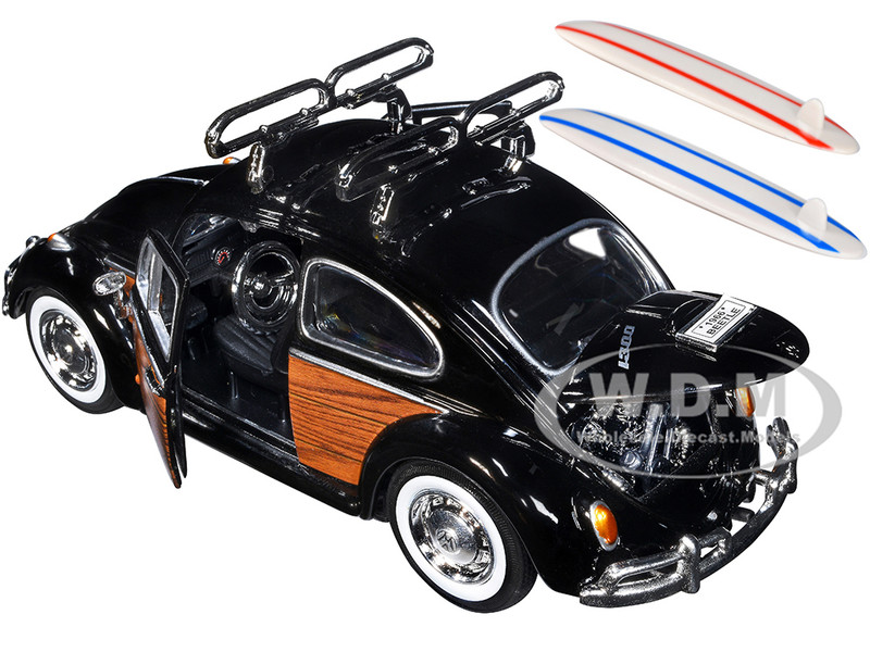 Volkswagen Beetle ミニカー 1/43 黒 他2台 1966 Volkswagen Beetle Black Wood Panels Two Surfboards Roof
